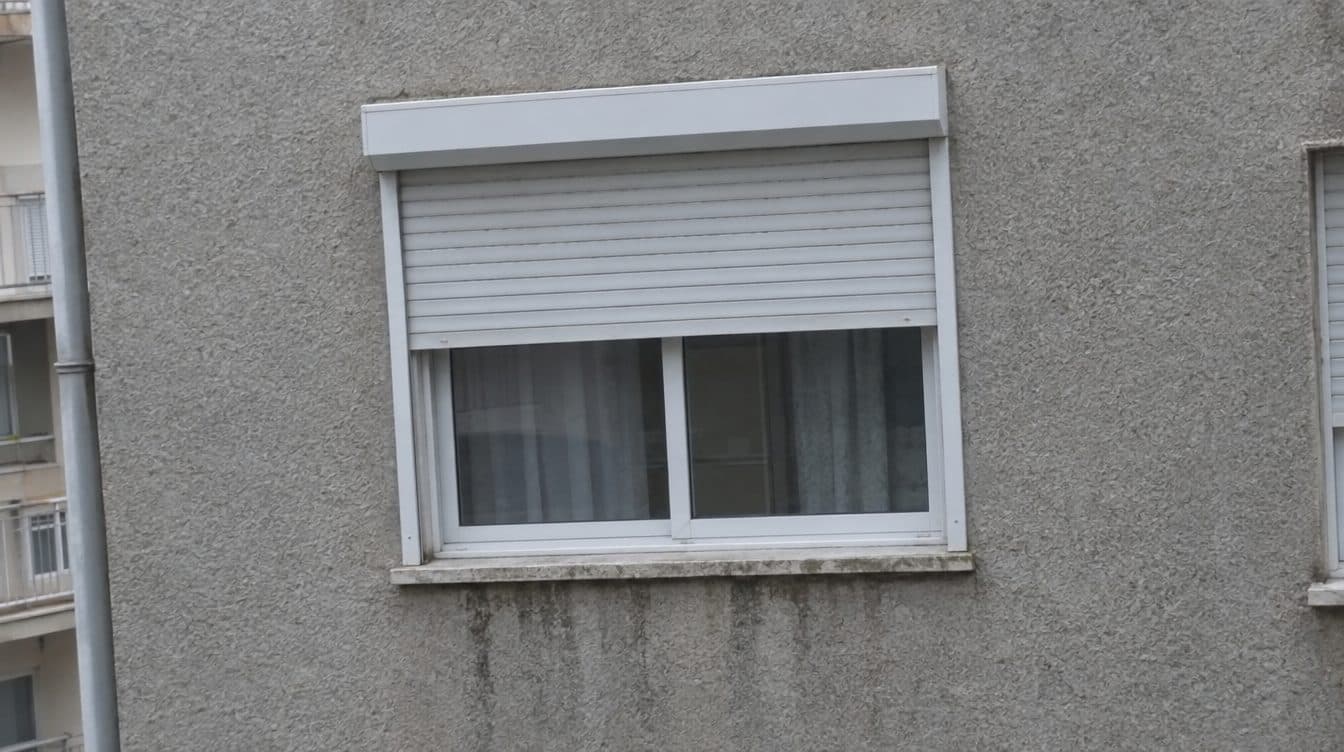 Ventana de un bloque de viviendas con persiana de aluminio a media altura, cajón exterior sobre el hueco y guías a los lados