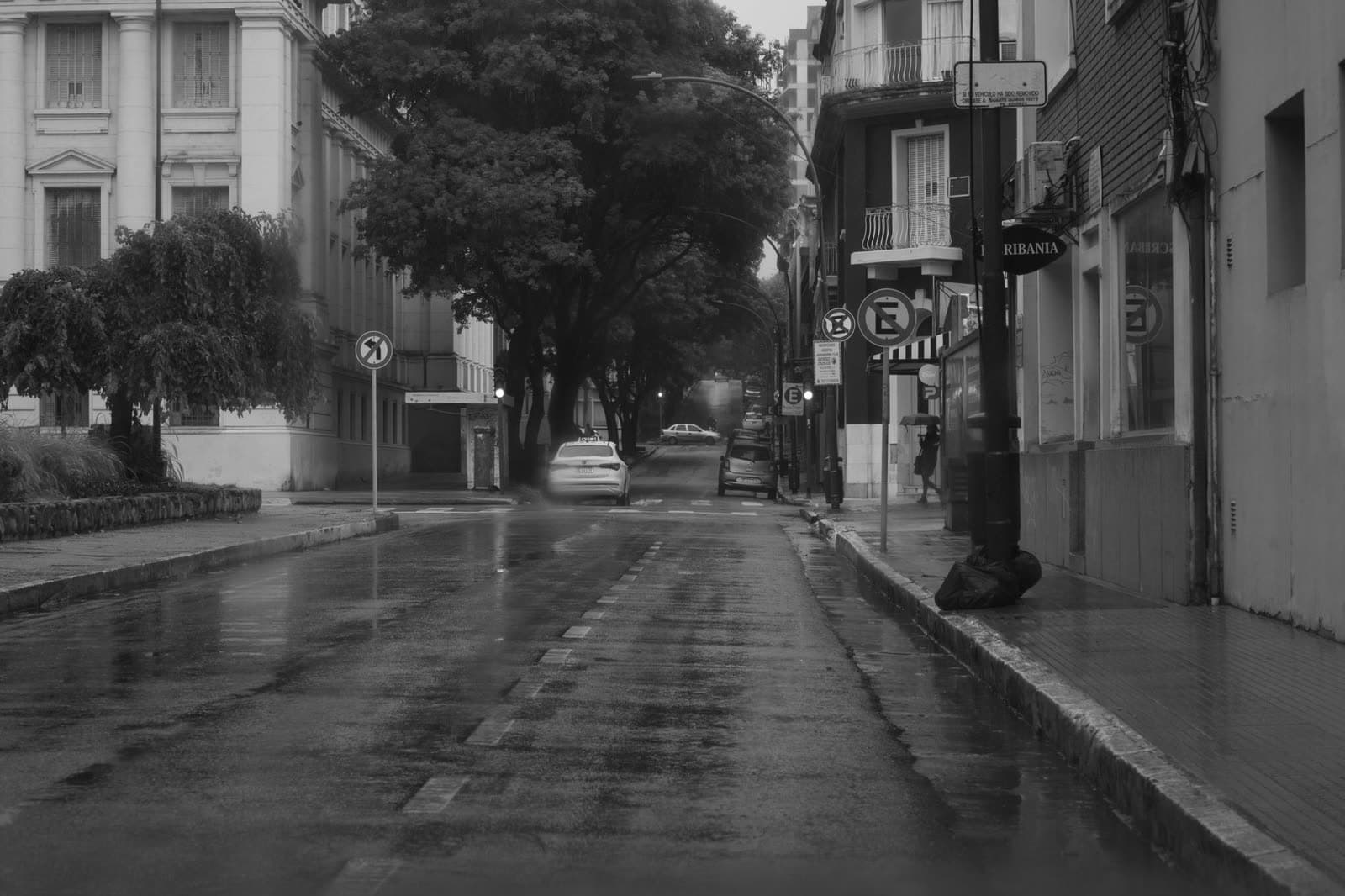 Calle urbana mojada por la lluvia con coches circulando, en blanco y negro